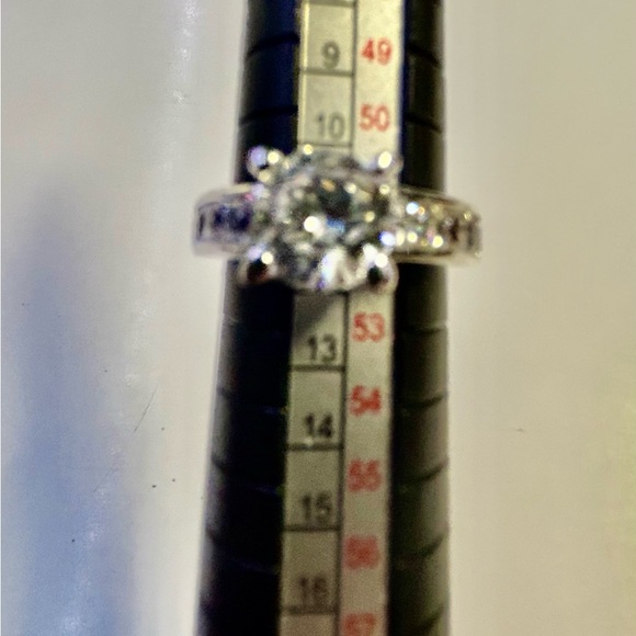 Faux DIAMOND Solitaire with Baguette Accents Set in Platinum Plated CZ Size 6 - Picture 3 of 6